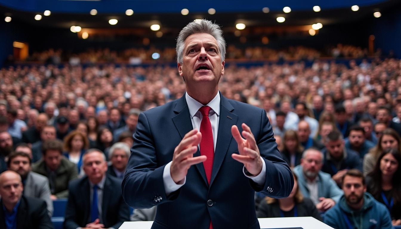 jean-luc mélenchon enflamme le palais des congrès comble de perpignan lors d'un discours puissant, lançant une pique acérée à la présidente et captivant son auditoire.